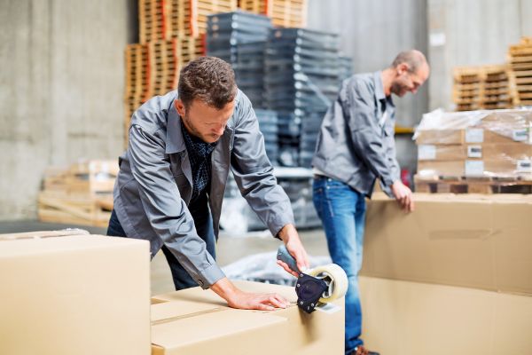 Arbeiter im Lager beim Verpacken von Kartoons